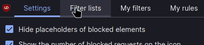 Ublock Origin filter lists tab hovered by a mouse